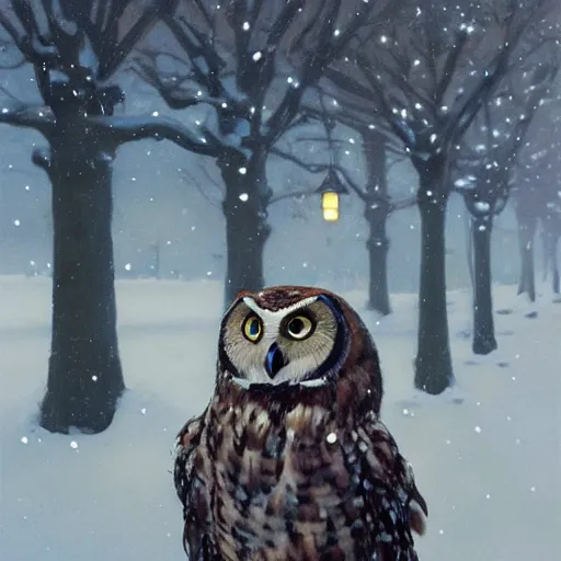 Prompt: sargent and leyendecker and greg hildebrandt, portrait of an owl in the snow in the city during the holidays, stephen bliss, unreal engine, fantasy art by greg rutkowski, loish, rhads, ferdinand knab, makoto shinkai, ilya kuvshinov, rossdraws, global illumination, radiant light, detailed and intricate environment