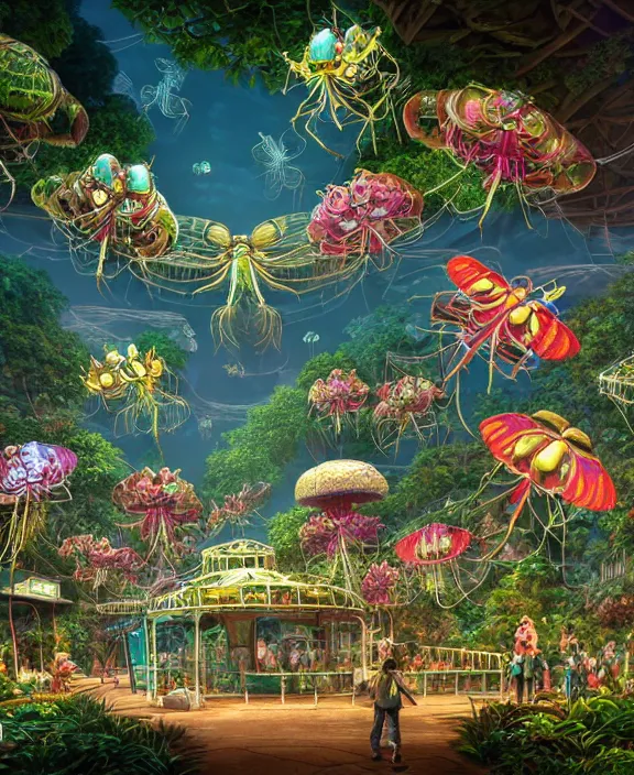 Image similar to an amusement park made out of seamless isopod dragonflies, in the style of a puffy robot, overgrown with orchids, partly cloudy, somber, dramatic lighting, by dan mumford, yusuke murata, makoto shinkai, ross tran, cinematic, unreal engine, cel shaded, featured on artstation, pixiv