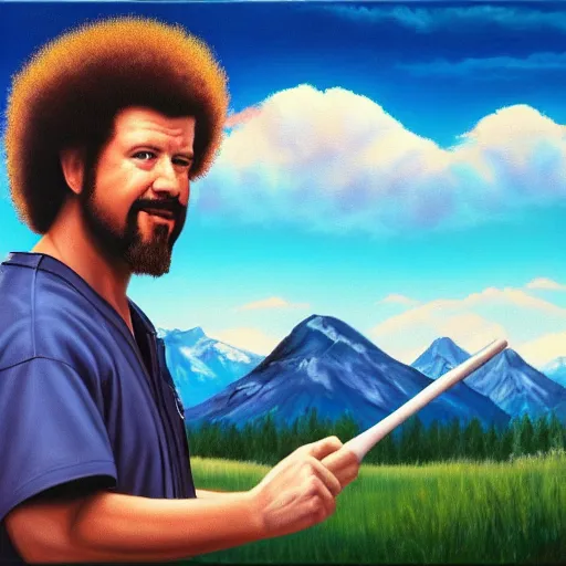 Image similar to a closeup photorealistic photograph of bob ross themed kenny powers baseball, painting on a canvas. mountains and trees. film still. brightly lit scene. this 4 k hd image is trending on artstation, featured on behance, well - rendered, extra crisp, features intricate detail, epic composition and the style of unreal engine.