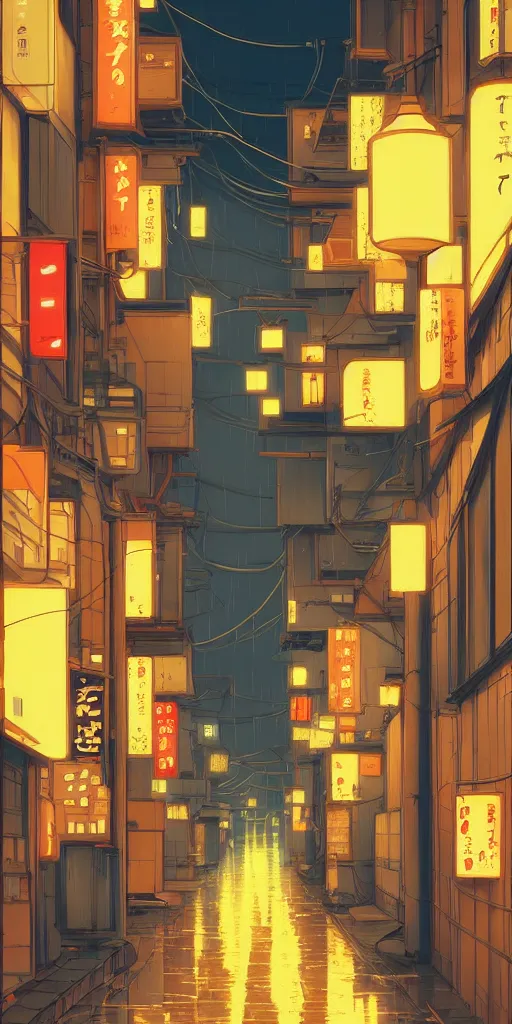 Image similar to tokyo alleyway, rainy day, lights, by cory loftis, makoto shinkai, hasui kawase, james gilleard, beautiful, serene, peaceful, lonely, golden curve composition