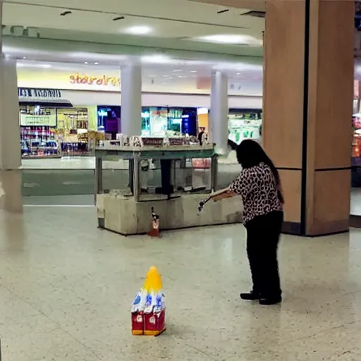 Prompt: security camera footage of a witch pouring a carton of milk on the floor in a mall