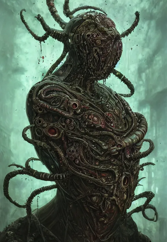 Image similar to portrait of a bloodied ornate filigreed slime dripping genderless insect alien monster, muscles, rippling, space warping and twisting, ultra realistic, concept art, intricate details, eerie, highly detailed, photorealistic, octane render, 8 k, unreal engine. art by artgerm and greg rutkowski and alphonse mucha