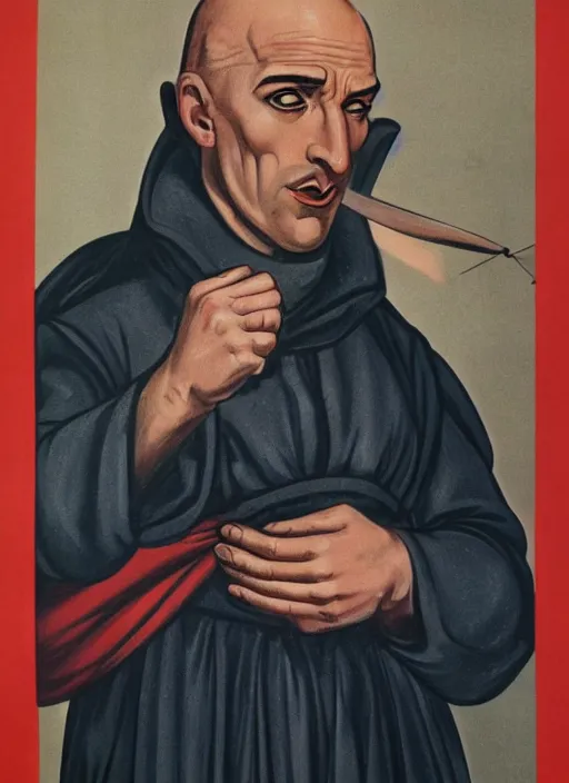 Prompt: portrait of glamorous bald medieval man with big nose and annoyed gesture, 1940s propaganda poster, full hd,highly detailed