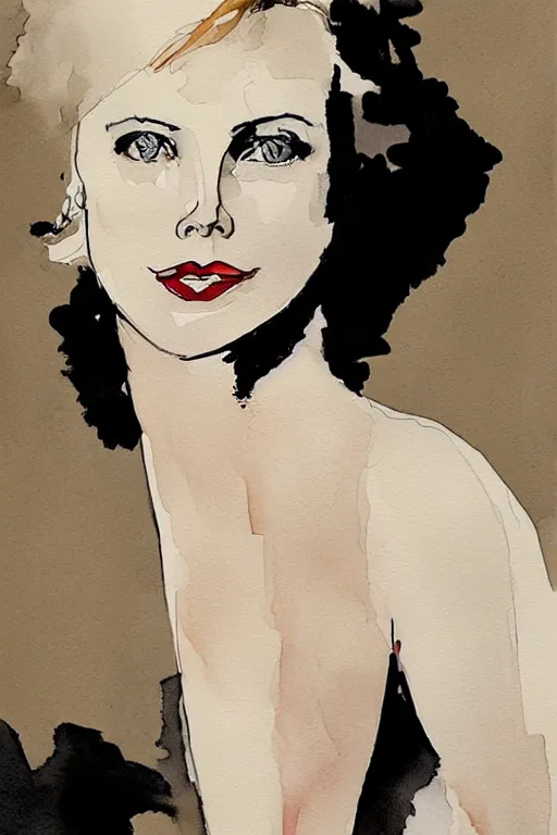 Image similar to beautiful portrait of Charlize Theron by Milo manara and David downton, colorless, silent, watercolor