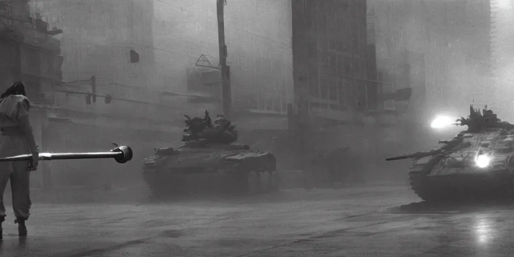 Prompt: modern chicago streets, elegant female samurai ninja, with large sword, open exposed back, wide leg hakama trousers, approaches a biomechanical organic military tank ww 2 mech robot, boss fight, black and white, cinematography, movie, fog, atmospheric perspective, by akira kurosawa,