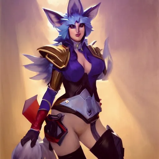 Image similar to greg manchess portrait painting of partially armored ahri from league of legends as overwatch character, medium shot, asymmetrical, profile picture, organic painting, sunny day, matte painting, bold shapes, hard edges, street art, trending on artstation, by huang guangjian, gil elvgren, ruan jia, randy vargas, greg rutkowski, gaston bussiere