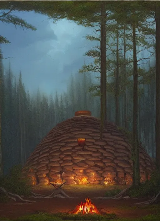 Prompt: a beautiful painting of a round sweat lodge hut in a forest next to a campfire, matte painting, art by christophe vacher