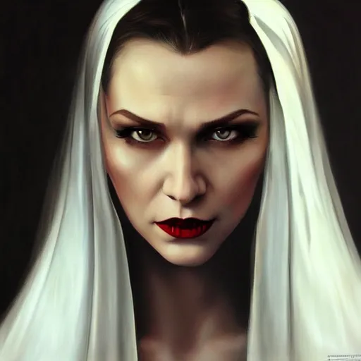 Image similar to close up face of a beautiful bond female VAMPIRE portrait, oil on canvas, artgerm, norman rockwell, craig mulins, trending on pxiv,