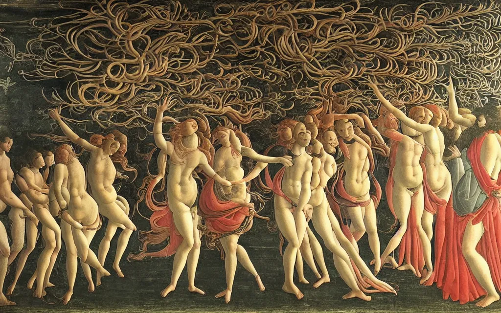 Prompt: sandro botticelli. very soft, delicate light. venus but dancefloor in underground club. in the middle is a little platform, people dancing around it. disco lights. fog. colorful and moody. sun is already rising. detailed brush strokes. 6 am.