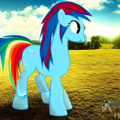 Image similar to Rainbow Dash, Equine Photography, Pegasus, Light-blue coat with rainbow mane and tail, realistic 4k