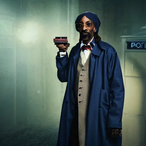 Image similar to snoop dogg as a rough dirty old man with a scruffy beard in a dark blue trenchcoat as the new doctor who, cinematic, volumetric lighting, f 8 aperture, cinematic eastman 5 3 8 4 film, photorealistic