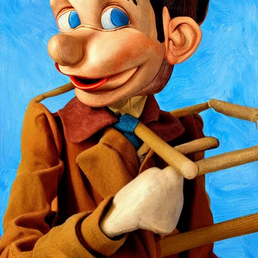 Prompt: disney's pinocchio cartoon puppet, high quality high detailed painting by lucian freud, hd, photorealistic lighting