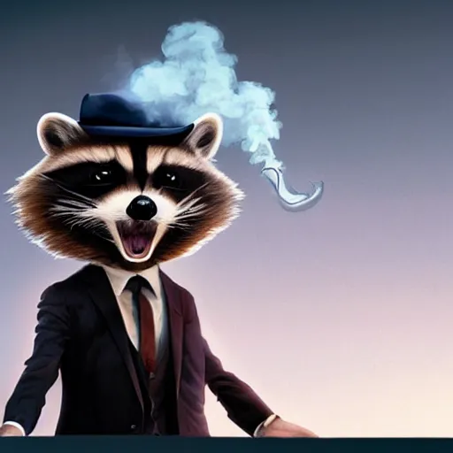 Image similar to a racoon wearing a suit smoking a cigar on his mouth, dramatic lighting, cinematic, establishing shot, extremly high detail, photorealistic, cinematic lighting, artstation, style by James Gurney