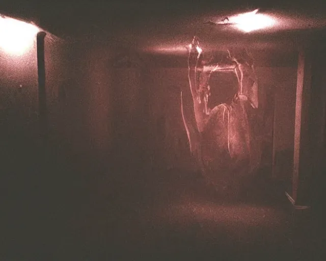 Image similar to horror demon evil transparent spirit attacks in basement interior photo shot on iphone, dynamic pose, middle body shot, sharp focus, grainy, corpse, paranormal flashlight, night, total darkness, poltergeist, aberrations,