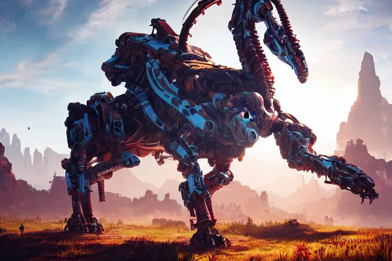 Image similar to tallneck machine mecanical creature robot of horizon forbidden west horizon zero dawn bioluminiscence global illumination ray tracing hdr fanart arstation by ian pesty and alena aenami artworks in 4 k