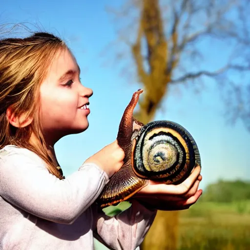 Prompt: little girl kissing a giant snail photo