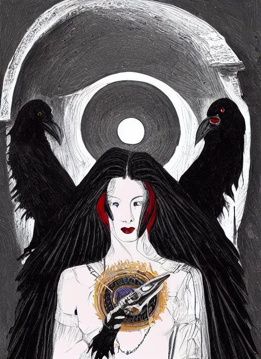 Prompt: portrait centered on a raven in a vantablack cloak and holding a symbolic weapon. art in the style of symbolism art style. portrait hung up in a windows 9 8 castle. r / oldschoolfantasy