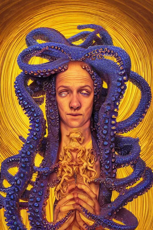 Prompt: close-up of a biblical angelic octopus wearing a spacesuit in the office, second coming, centered, portrait by Greg Hildebrandt, studio lighting, 85 mm, muted colors, by Terry Richardson, by Leonardo DaVinci, by Beeple, ultrarelistic, extreme detail, caustics, trending on Artstation, 8K, octane renderer, rtx on