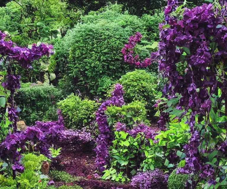 Image similar to fantasy garden, purple vines, black roses, black thorns, eerie, old statues