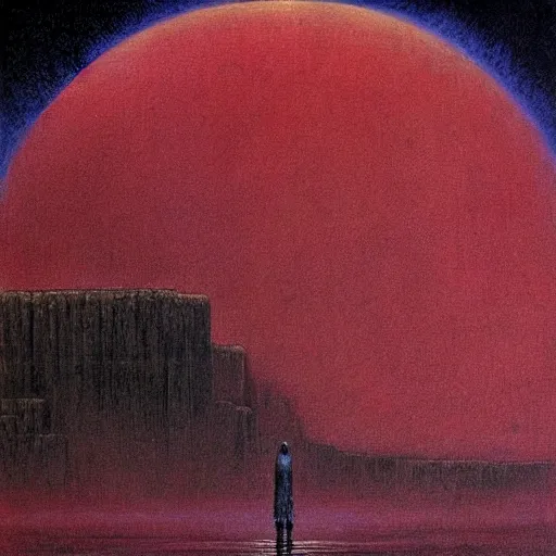 Image similar to surreal, nuclear blast moon eclipse, sci - fi, wet brush, poster art, concept art by beksinski and jean delville, illustrated in the style of iain mccaig