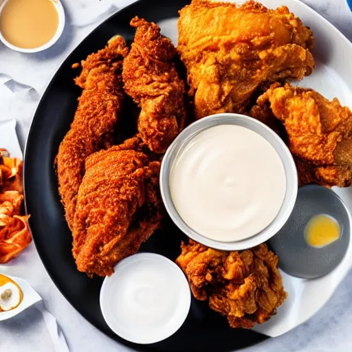 Image similar to large plate of delicious greasy fried chicken, with a side of dipping sauces, realistic advertising photography, 4K resolution, spot lighting