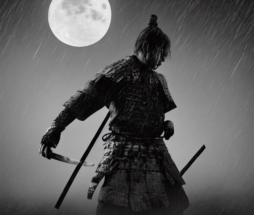 Image similar to '2d design graphic a samurai in the night ,big white moon background , gloomy and foggy atmosphere, octane render, horror scene, highly detailded , black and white ink '