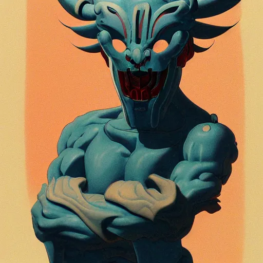 Image similar to prompt : oni mask character portrait soft light painted by james jean and katsuhiro otomo and erik jones, inspired by evangeleon anime, smooth face feature, intricate oil painting, high detail illustration, sharp high detail, manga and anime 1 9 9 9