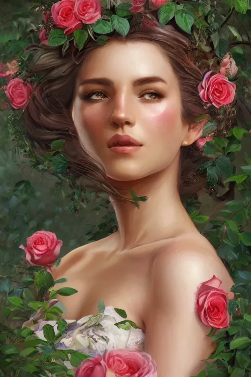 Image similar to beautiful woman in the middle of a lush garden with roses in her hair and an intricate gown, highly detailed, portrait, artstation, art by artgerm and greg rutkowski,