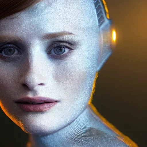 Prompt: beautiful centered Fine art photo portrait of mysterious Bryce Dallas Howard as a solarpunk robotic humanoid, white mechanical parts with led lights, photorealistic, white background, highly detailed and intricate, sunset lighting, HDR 8k
