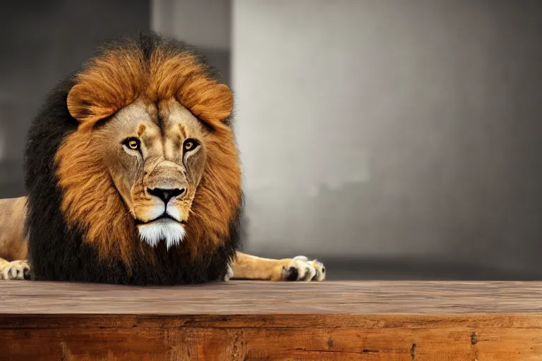 Image similar to Lion on a wooden table, cinematic, wide angle, concept art