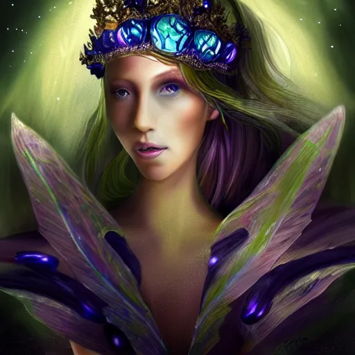 Prompt: detailed portrait of a fairy queen with wings wearing a silk robe, crown, pixie, iris, realism, emerald, galaxy, sapphire,blonde hair going down to the floor, moonlit, dark fantasy, dramatic lighting, cgsociety, artstation