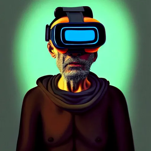 Image similar to Colour Caravaggio style Photography of 1000 years old man with highly detailed 1000 years old face wearing higly detailed cyberpunk VR Headset designed by Josan Gonzalez Many details. . In style of Josan Gonzalez and Mike Winkelmann andgreg rutkowski and alphonse muchaand Caspar David Friedrich and Stephen Hickman and James Gurney and Hiromasa Ogura. Rendered in Blender