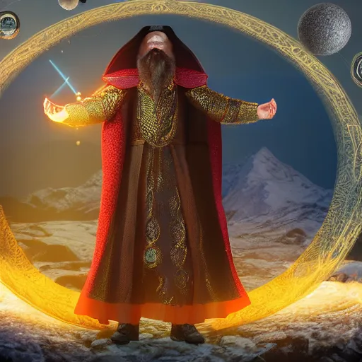 Prompt: Portrait of a powerful wizard surrounded by a circular array of glowing elemental magic orbs, the wizard is standing in front a scenic landscape of snowcapped mountains, intricate details, photo realistic, award winning, dramatic lighting, intricate details, award winning, depth of field, UHD 8K. Rendered with autodesk arnold unreal engine octane render Lumion Blender Maxwell.