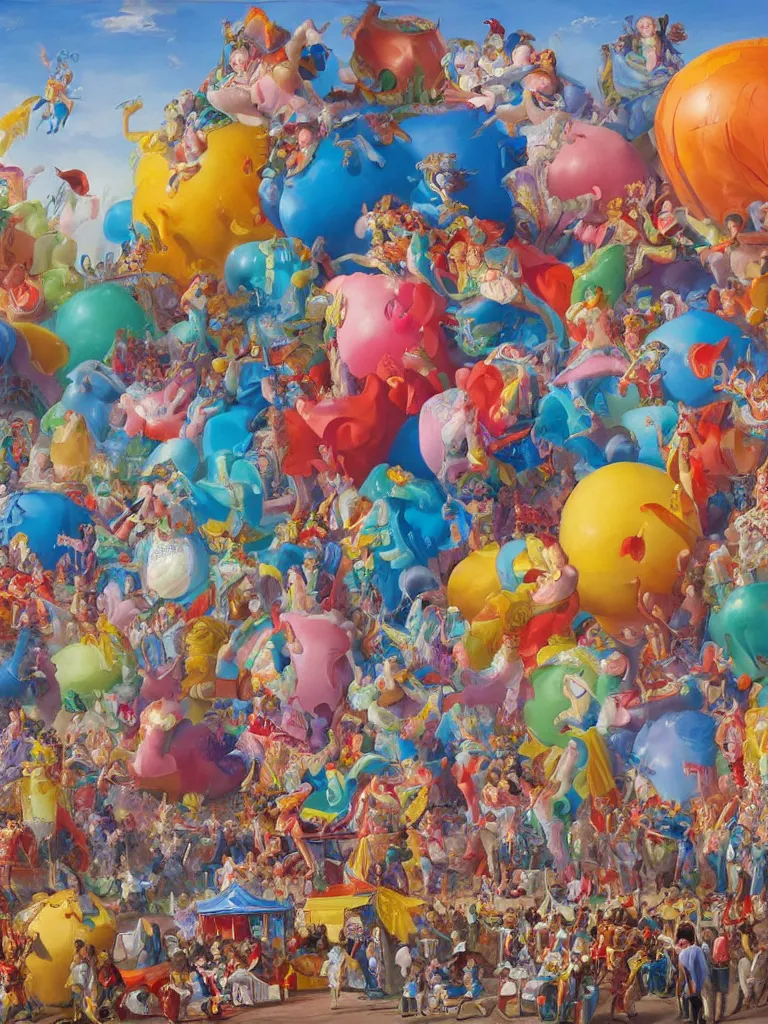 Image similar to a beautiful painting of a carnival with enormous balloon monsters, by jonas burgert, fallas party figures, realistic colors