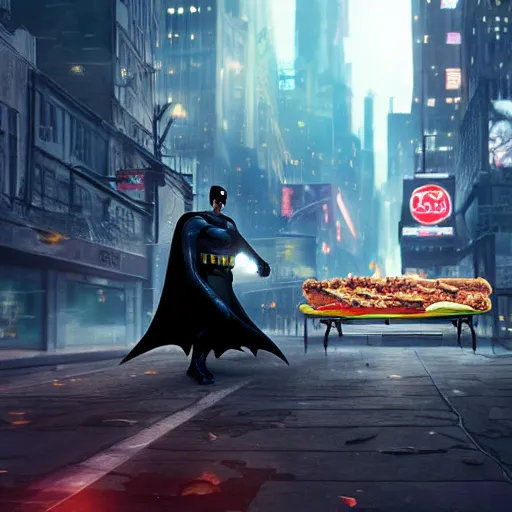 Prompt: batman eating a hotdog digital art ultra detailed realistic art by greg rutkowski unreal engine 5 ray tracing rtx