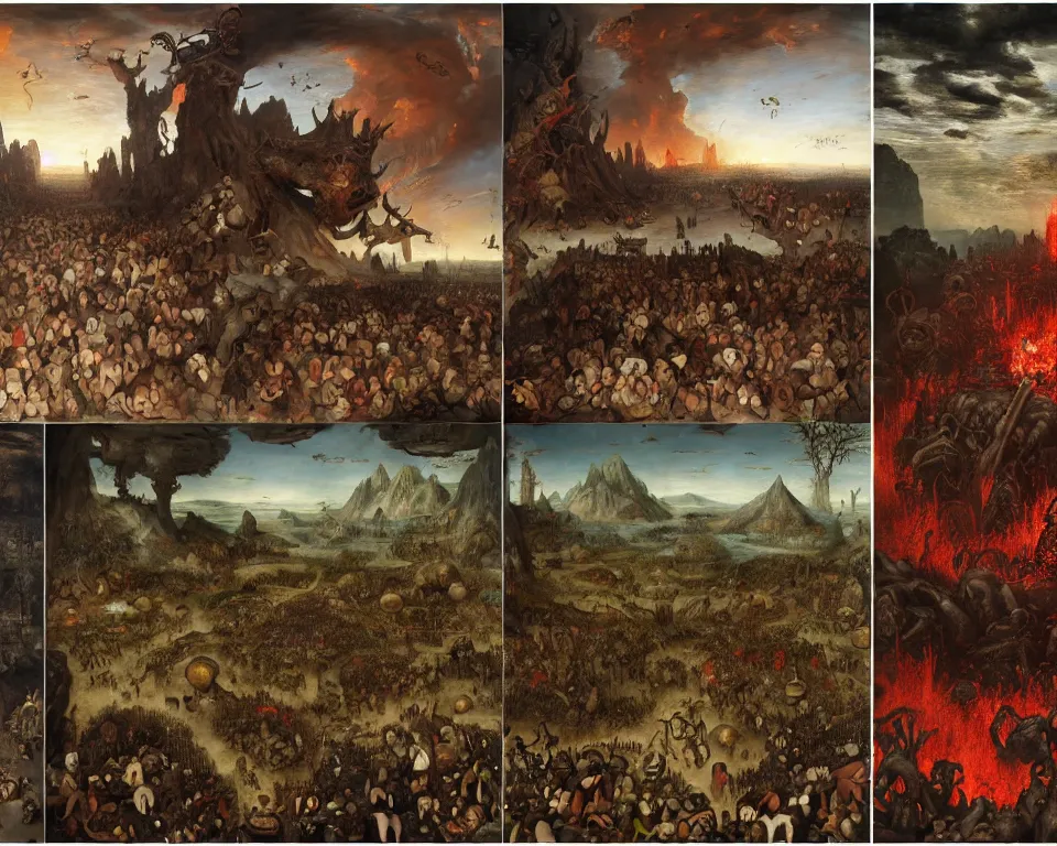 Image similar to doom eternal by jakub rozalski, zoomed garden of eternal delights hell by hieronymus bosh, zoom on triumph of death by pieter brueghel, doom eternal by hieronymus bosh