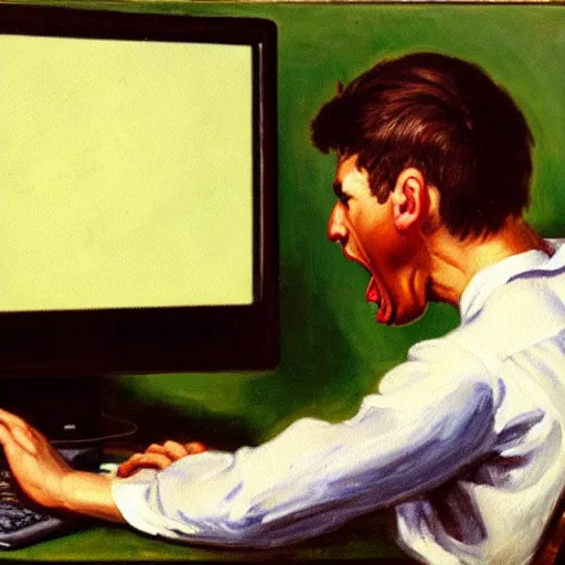 Image similar to an angry man yells at his computer monitor, oil on canvas, 1 9 0 1