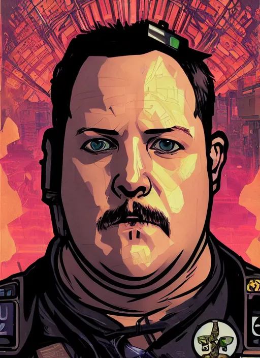 Image similar to cyberpunk paul blart. portrait by ashley wood and alphonse mucha and laurie greasley and josan gonzalez and james gurney. spliner cell, apex legends, rb 6 s, hl 2, d & d, cyberpunk 2 0 7 7. realistic face. vivid color. dystopian setting.