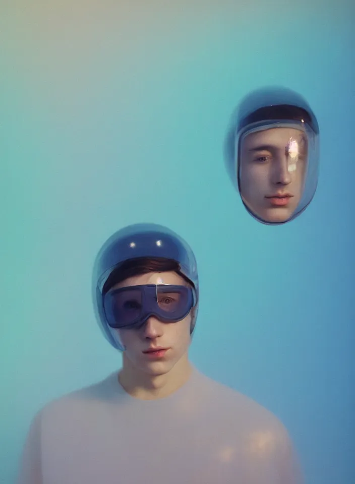 Prompt: high quality pastel coloured film portrait photograph of a beautiful young 2 0 year old male, soft features, short hair, wearing perspex space mask visor and oversized inflated clothing!!!! icelandic black rock pool environment. atmospheric three point light. photographic. art directed. ( pastel colours ). volumetric. clearcoat. waves. 8 k. filmic.