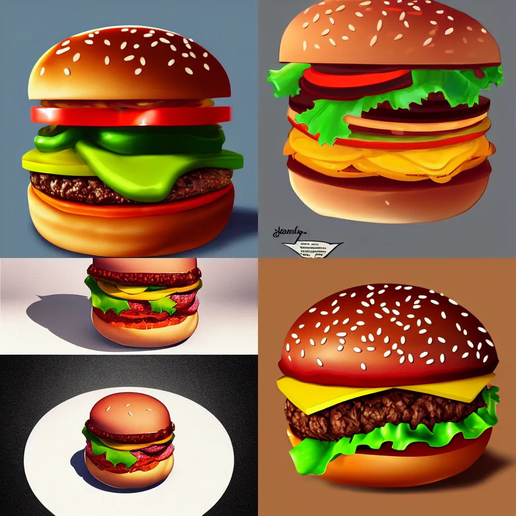 Prompt: hamburger, art by Fenton Joe , tranding on artstation