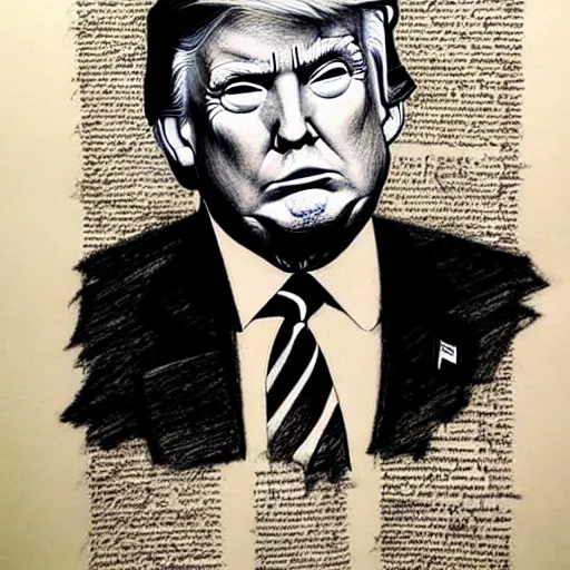 Prompt: intricate drawings of Donald Trump in charcoal and blood on a parchment made from thin leather. the parchment is 2000 years old. by Agnes Cecil. .