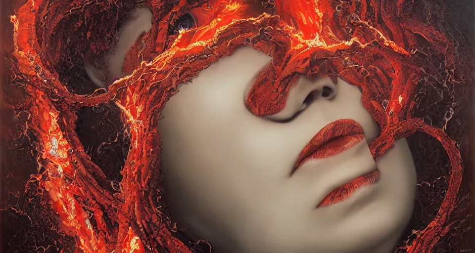 Image similar to a volcano made of ivory vines and crimson rocks enters in eruption, it spits a smoke in the shape of demonic eye, by Karol Bak