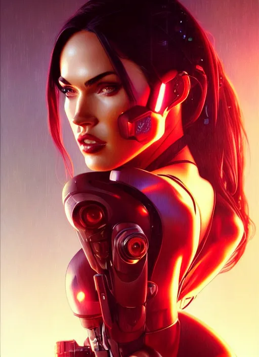 Prompt: portrait of megan fox as v, cyberpunk, technology, science fiction, cd project red, intrigante, headshot, highly detailed, digital painting, artstation, concept art, sharp focus, cinematic lighting, illustration, art by artgerm and greg rutkowski, alphonse mucha, cgsociety