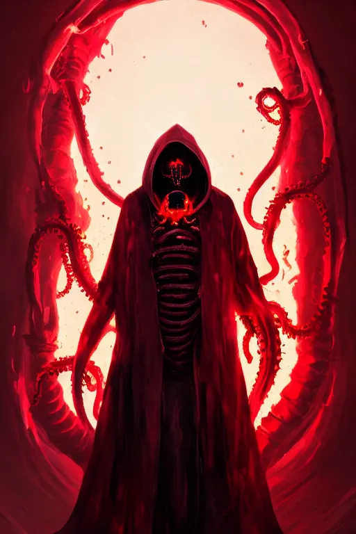 Prompt: A full body portrait of a mysterious character with a flaming skull with a very long hooded blood red and black cloak, tentacles coming out the ground art by Maciej Kuciara and Cedric Peyravernay, ominous, cosmic horror, trending on artstation, Ultra detailed, hyper realistic 4k