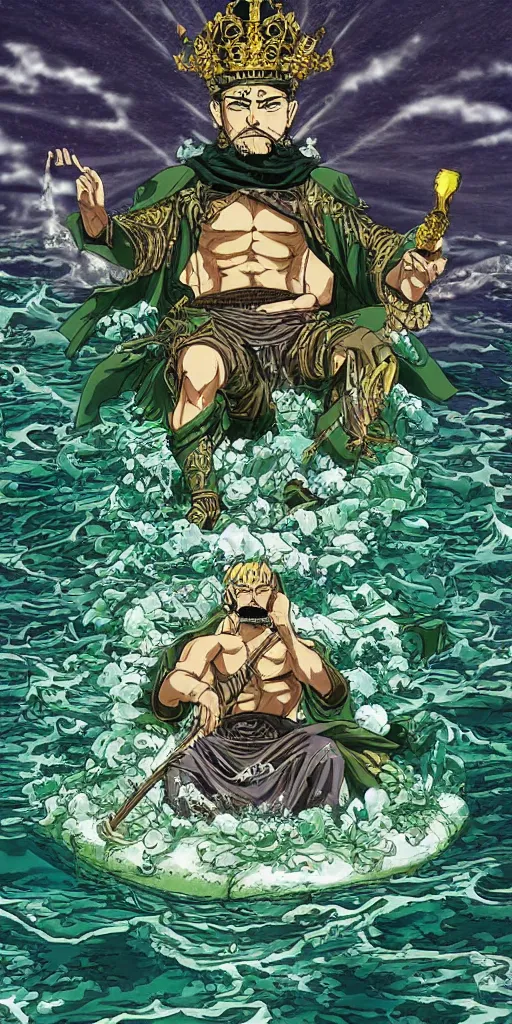 Image similar to a lone emperor sitting on a emerald throne floating on water in the middle of a lake drawn by Makoto Yukimura in the style of Vinland saga anime, full color, detailed, psychedelic, Authority, structure, a father figure, tarot card, The emperor tarot card