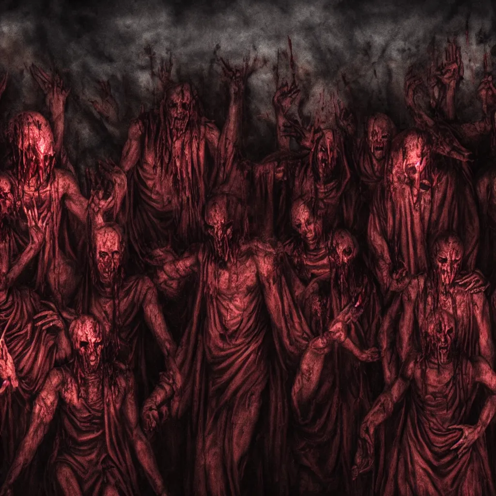 Prompt: closeup members of a blood cult summon a deity, dark and mysterious, atmospheric, ominous, eerie, cinematic, cinematic, 4k, ultra detail, ultra realistic