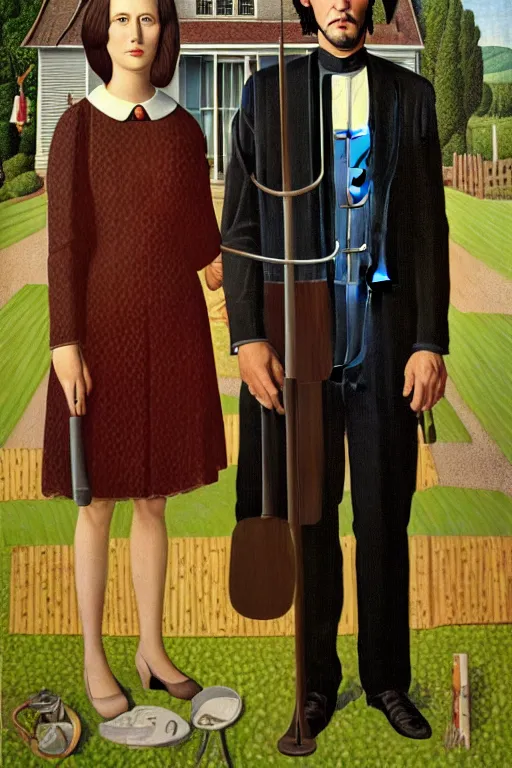 Image similar to painting of Keanu Reeves and Jennifer Lawrence as the couple in American Gothic in the style of Grant Wood