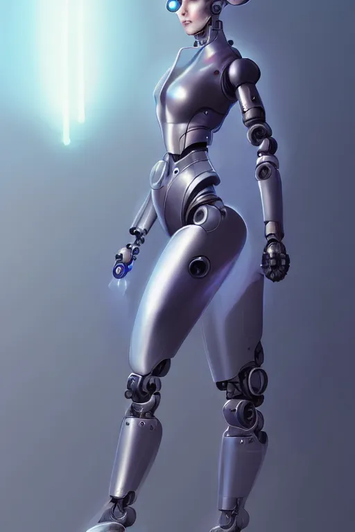 Image similar to pretty futuristic female cyber robot, humanoid, fullbody art, concept art, by charlie bowater, anna dittmann, wlop, rumiko takahashi, akihiko yoshida, hyung - tae kim, alexander mcqueen, trending on artstation