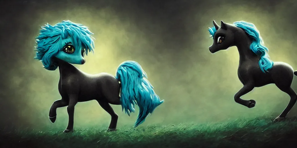 Prompt: 3 d littlest pet shop horse, gothic antique theme, teal, shadow, clouds, dullahan, celtic, intricate, raven, master painter and art style of noel coypel, art of emile eisman - semenowsky, art of edouard bisson