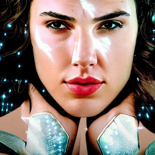 Prompt: photo of Gal Gadot, close up, with a cyberpunk camera over right eye with led lights, robotic implants over face with small led lights, white background, fine art photography in the style of Bill Henson